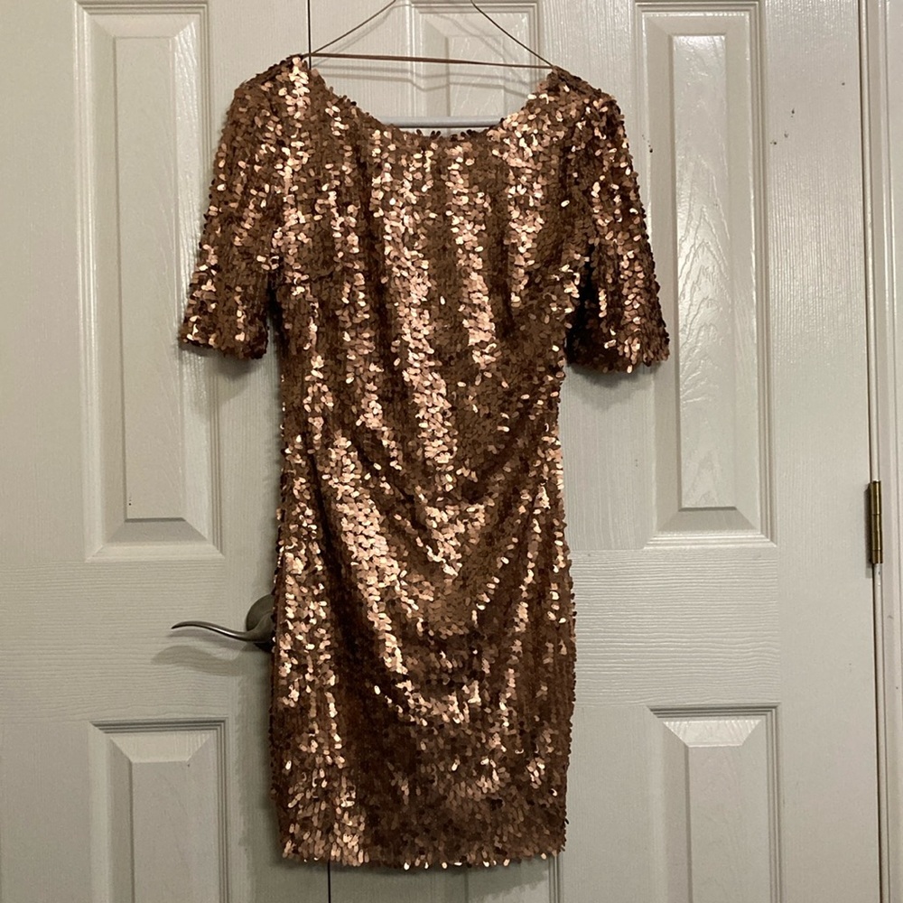 Gianni Bini Brown Sequin Mini Dress Scoop Neck Cocktail